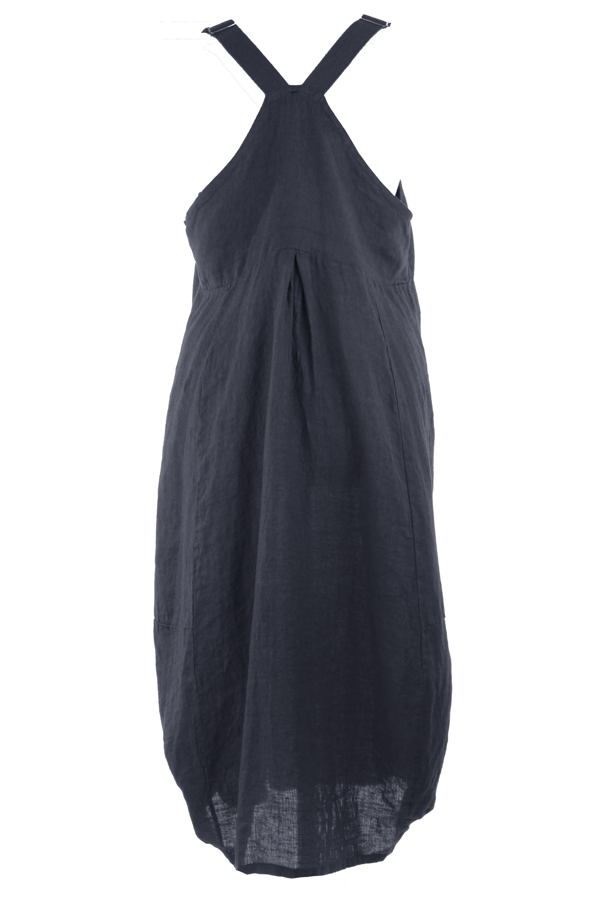 FLAX 100% newest Linen Dress Lagenlook L Front Pockets Button Closure Navy Threading