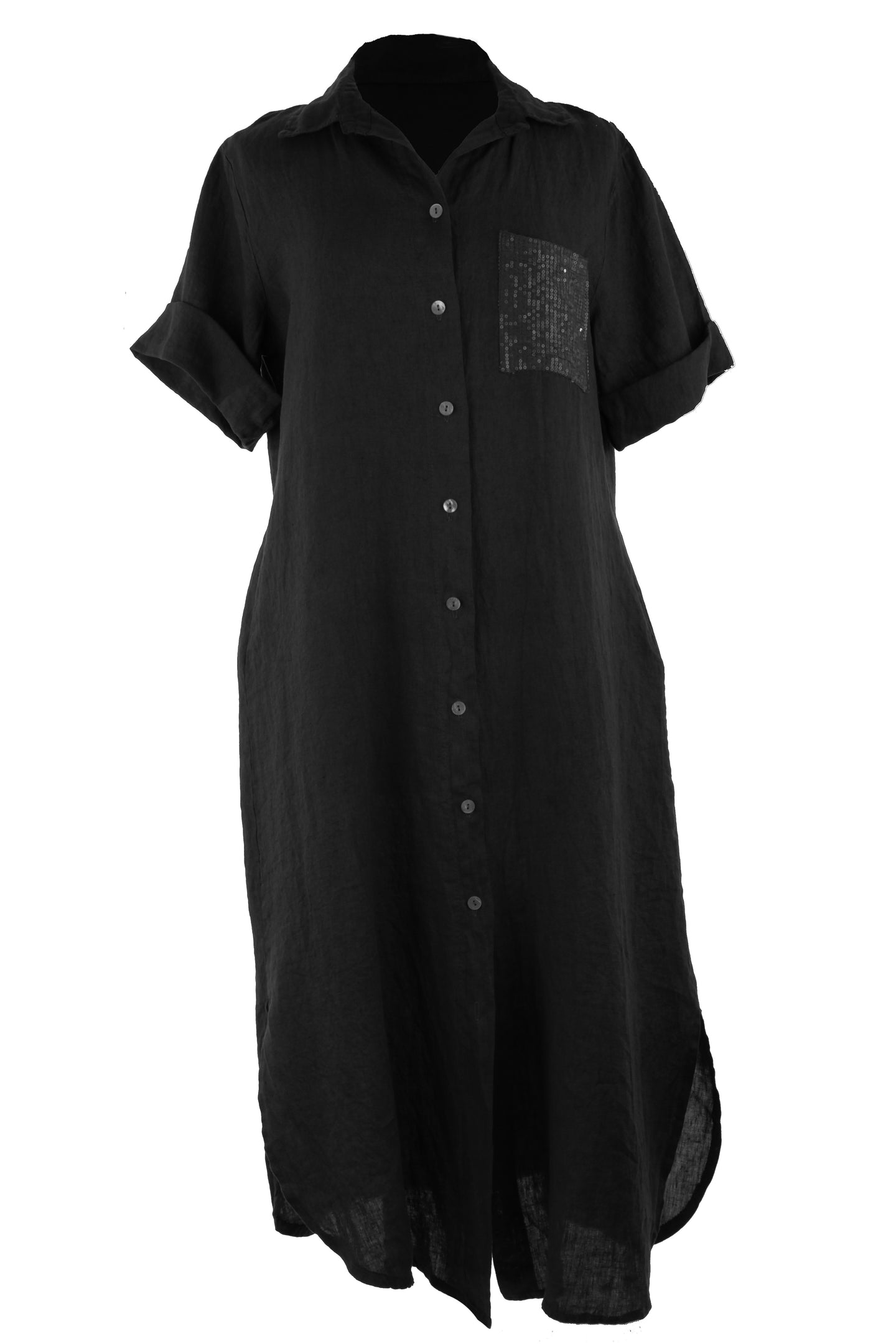 Sequin Pocket Linen Shirt Dress